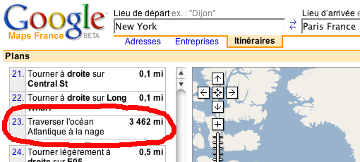 De Paris à New York sur Google Maps. L'étape 23 est: Traverser l'océan Atlantique à la nage.